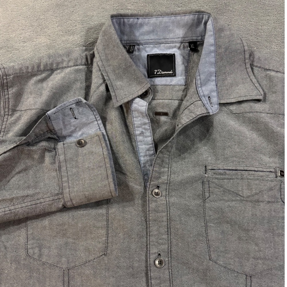 7 Diamonds Mens XL Gray Long Sleeve Button Down Western Yoke Casual Shirt